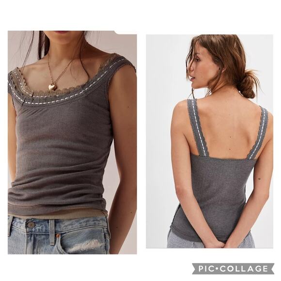 Free People Grey Only You Tank Top Square Neck - Picture 1 of 7
